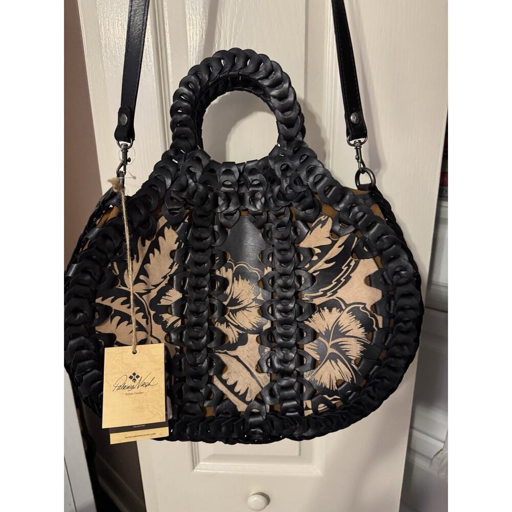 NWT Patricia Nash Black Italian Leather Woven Chain Link Floral Handbag Purse